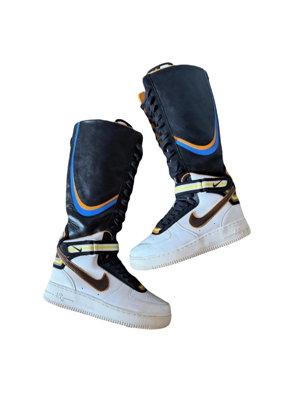 Nike White, Black & Blue High-Top Swoosh Boots with Yellow Accents